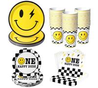 One Happy Dude Birthday Plates Yellow Smile Face Party Plates One Happy Dude Paper Plates Cups Napkins Decor Disposable Party Favors for Birthday Baby Shower Wedding Bachelor Party,Serves 25