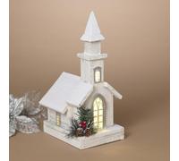 One Holiday Way 14.75-Inch LED Lighted White Wooden Christmas Church Decor w/Elegant Silver Trim, Snowy Greenery and Timer - Rustic Light Up Wood Xmas Village House Decoration