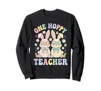 One Hoppy Teacher Easter Bunnies Groovy Pastel Spring Easter Sweatshirt