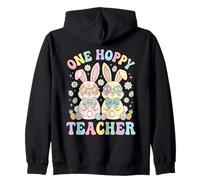 One Hoppy Teacher Easter Bunnies Groovy Pastel Spring Easter Zip Hoodie