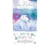 One I Love Christmas Card Meet Me Under The Mistletoe Cute Bears 9" x 5"