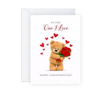 One I Love Valentines Card for Him Her -Romantic Bear with Roses - Heartfelt Greetings for Girlfriend Boyfriend Wife Husband Partner Babe Fiance - Classic Valentines Idea -Comes with Sweet Stickers