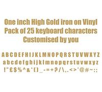 One inch high Gold iron on Vinyl. Pack of 25 keyboard characters made up of Letters, numbers or any other keyboard symbol
