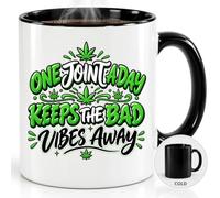 One Joint A Day Keeps Bad Vibes Away Coffee Mug - 11oz Ceramic White Black Magic Variations - Green Leaf Typography Graphic - Novelty Daily Office Desk Drinkware