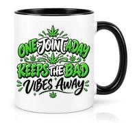 One Joint A Day Keeps Bad Vibes Away Coffee Mug - 11oz Ceramic White Black Magic Variations - Green Leaf Typography Graphic - Novelty Daily Office Desk Drinkware