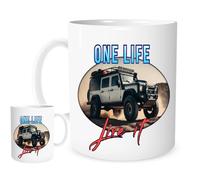 One Life Live It Off-Road Adventure Mug - LR Defender Over Rocks and Sand - Motivational Gift for 4x4 Enthusiasts, Campers & Explorers - 11oz Ceramic Coffee Cup