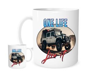 One Life Live It Off-Road Adventure Mug - LR Defender Over Rocks and Sand - Motivational Gift for 4x4 Enthusiasts, Campers & Explorers - 11oz Ceramic Coffee Cup