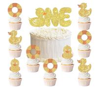One Lucky Duck Cake Toppers, 13Pcs Duck Theme 1st Birthday Cake Picks Cute Cartoon Ducky Themed Birthday Decor for Boys Girls First Bday Party Supplies, Gold Glitter