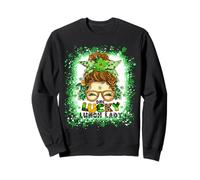 One Lucky Lunch Lady Messy Bun Irish St Patricks Day tie dye Sweatshirt