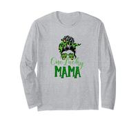 One Lucky Mama Messy Bun Green Leopard Sunglasses Trendy Fun Long Sleeve T-Shirt