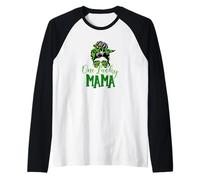 One Lucky Mama Messy Bun Green Leopard Sunglasses Trendy Fun Raglan Baseball Tee
