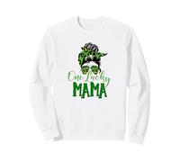 One Lucky Mama Messy Bun Green Leopard Sunglasses Trendy Fun Sweatshirt