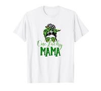 One Lucky Mama Messy Bun Green Leopard Sunglasses Trendy Fun T-Shirt