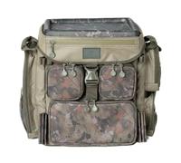 One More Cast Heist Compact Rucksack - Splash Camo 40L Premium Fishing Backpack with Hard Top Lid - Bivvy Table Lid, Bankstick Slots, External Pockets & Padded Straps - 43x32x43cm