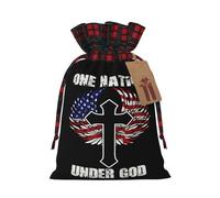 One Nation Under God Cross American Flag Christmas Drawstring Bags Xmas Wrapping Storage Bag with Tags Medium