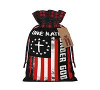 One Nation Under God Cross American Flag Christmas Drawstring Bags Xmas Wrapping Storage Bag with Tags Small