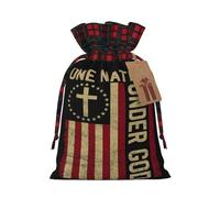 One Nation Under God Cross American Flag Christmas Drawstring Bags Xmas Wrapping Storage Bag with Tags Small