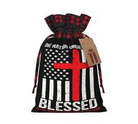 One Nation Under God Cross American Flag Christmas Drawstring Bags Xmas Wrapping Storage Bag with Tags Medium