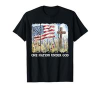 One Nation Under God USA Flag Cross Floral Christian Women T-Shirt