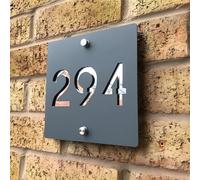 One of a Kind Design UK Personalised House Number Plaque 18x18cm Modern Acrylic Sign with Stainless Steel Mounts, UV Stable & Weather-Resistant, Black with Customisable Coloured Backing - Grey