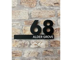 One of a Kind Design UK Personalised Modern Floating Acrylic House Number, Personalised Number Plate, Matt Grey or Matt Black, 24x12cm, Nine Coloured Backing Available - Black