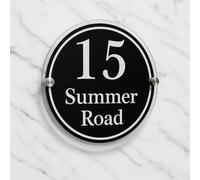 One of a Kind Design UK Personalised Round House Sign Stainless Steel Mounts Reverse Laser Engraved 3mm Clear Acrylic Front Available in Six Colours UV Stable & Weather Resistant - 183x183mm