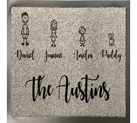 One of Kind UK Custom Grey Family Doormat Nylon, Personalised with Stick Figures & Surname, Anti-Slip Rubber, 8mm Pile, Machine Washable, Unique UK Home Décor for 4 Family Members - 40x60cm