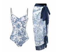 One Piece Bathing Suit for Women with Beach Cover up Wrap Skirt Retro Floral Print Bikini Set Vintage Printed Swimsuit Cover-Up Set Swimming Costume for Women Tummy Control Swimsuit