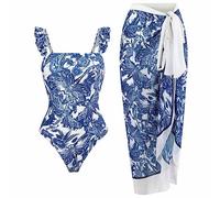 One Piece Bathing Suit for Women with Beach Cover up Wrap Skirt Retro Floral Print Bikini Set Vintage Printed Swimsuit Cover-Up Set Swimming Costume for Women Tummy Control Swimsuit