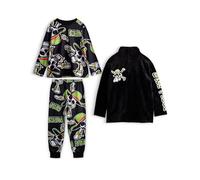 One Piece Boys 3-Piece Jolly Roger Pyjama Set with Half-Zip Fleece Jumper | Kids Anime Manga Luffy Merch Black Long Sleeve Loungewear Gift - 9-10 Years