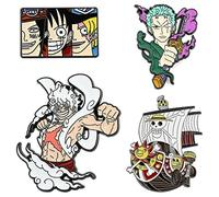One Piece Enamel Pins Set,Nika Luffy Portgas D Ace Zoro Figure Anime Pins Thousand Sunny Model Ship Brooch, Zinc, no gemstone