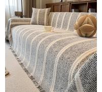 One-Piece Full-Coverage Sofa Protector, Dust-Proof & Non-Slip Chenille Throw with Tassels for L-Shaped Couches, Washable Black 180 * 340cm/70.87 * 133.86in