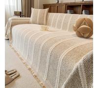 One-Piece Full-Coverage Sofa Protector, Dust-Proof & Non-Slip Chenille Throw with Tassels for L-Shaped Couches, Washable Apricot 180 * 340cm/70.87 * 133.86in