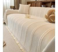 One-Piece Full-Coverage Sofa Protector, Dust-Proof & Non-Slip Chenille Throw with Tassels for L-Shaped Couches, Washable Cream 180 * 380cm/70.87 * 149.61in