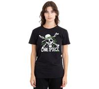 One Piece Green Doodle Jolly Roger Logo Ladies T Shirt, Black, Small
