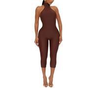 One Piece Jumpsuit for Women, Sleeveless Halter Neck Twist Back Bodycon Rompers, Solid Backless Short Bodysuit for Party Club Outfits Going Out, Stretchy Seamless Playsuits for Yoga Workout Fitness