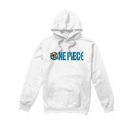 One Piece Luffy Jolly Roger Blue Logo Unisex Hoodie, White, X-Large