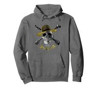 One Piece Luffy Straw Hat Pirates Logo Skull & Crossbones Pullover Hoodie, Adult Unisex, Asphalt Grey, Small