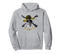 One Piece Luffy Straw Hat Pirates Logo Skull & Crossbones Pullover Hoodie, Adult Unisex, Heather Grey, XX-Large