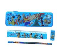 One Piece Manga Style Stationery Set - Plastic Pencil Case, Pencil, Rubber and Ruler Set (Blue)