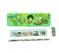 One Piece Manga Style Stationery Set - Plastic Pencil Case, Pencil, Rubber and Ruler Set (Green)