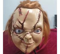(One Piece Mask) Realistic Chucky Horror Latex Mask - Scary Halloween Costume Accessory with Red Hair & Stitched Face