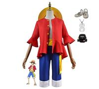 One Piece Monkey D. Luffy Anime Cosplay Costume with Necklace Props for Adults Halloween Carnival Party Dress Up Uniform Outfits Gift for Manga Lovers Suitable for Stage Play, Anime Expo,Red,XL