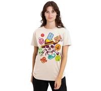 One Piece Skull Travel Stickers Ladies T Shirt, Natural, Medium