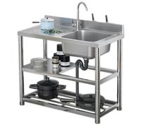 One-Piece Stainless Steel Sink, Stainless Steel Freestanding Sink With Stand And Platform, Thickened And Solid, Practical Sink For Indoor And Outdoor Kitchens, Workshops Garag,2548 Right Basin 90*50C