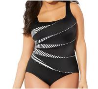 One Piece Swimming Costume for Women UK Clearance, Ladies Vintage Printed Swimsuit Padded Tummy Control Swimwear, Double Shoulder Straps Monokini Square Neck Tankini Hawaiian Beachwear Plus Size