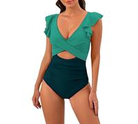 One Piece Swimsuit for Women Sexy, Front Cross Hollow out Womens Swimming Costume Tummy Control Plus Size Ladies Swimwear Ruffled Sleeve Quick Dry Bathing Suit for Women Uk Size Travel Essentials