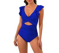 One Piece Swimsuit for Women Sexy, Front Cross Hollow Out Womens Swimming Costume Tummy Control Plus Size Ladies Swimwear Ruffled Sleeve Quick Dry Bathing Suit for Women UK Size Travel Essentials