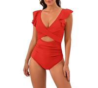 One Piece Swimsuit for Women Tummy Control, Ruffled Sleeve Women Swimsuit One Piece Wrap Ruched Quick Dry Swimwear Push up V Neck Crisscross Back High Waisted Swimming Costume Travel Essentials Sale