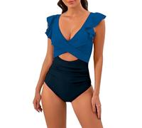 One Piece Swimsuit for Women Tummy Control, Ruffled Sleeve Women Swimsuit One Piece Wrap Ruched Quick Dry Swimwear Push up V Neck Crisscross Back High Waisted Swimming Costume Travel Essentials Sale
